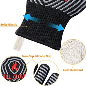 QUWIN BBQ Gloves, Oven Gloves 1472℉ Extreme Heat Resistant, Grilling Gloves Silicone Non-Slip Oven Mitts, Kitchen Gloves for BBQ, Grilling, Cooking, Baking-1 Pair… (One Size Fits Most, Black)