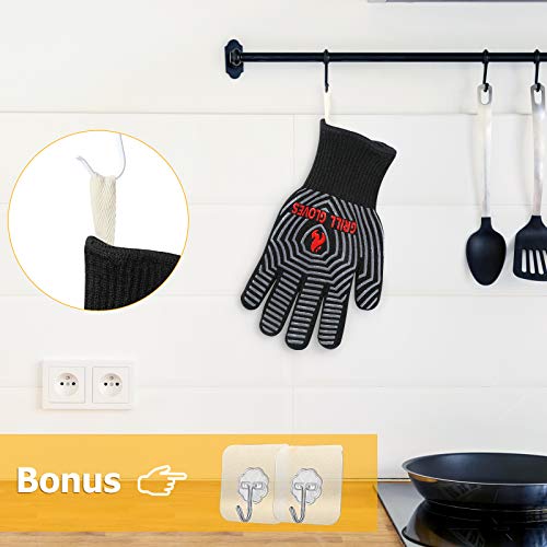 QUWIN BBQ Gloves, Oven Gloves 1472℉ Extreme Heat Resistant, Grilling Gloves Silicone Non-Slip Oven Mitts, Kitchen Gloves for BBQ, Grilling, Cooking, Baking-1 Pair… (One Size Fits Most, Black)