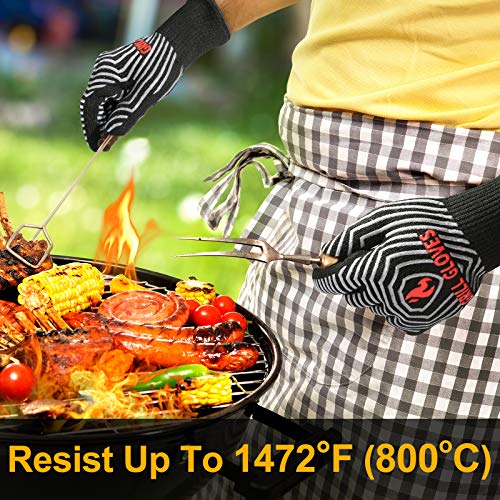 QUWIN BBQ Gloves, Oven Gloves 1472℉ Extreme Heat Resistant, Grilling Gloves Silicone Non-Slip Oven Mitts, Kitchen Gloves for BBQ, Grilling, Cooking, Baking-1 Pair… (One Size Fits Most, Black)