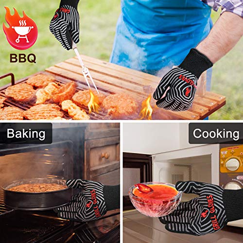QUWIN BBQ Gloves, Oven Gloves 1472℉ Extreme Heat Resistant, Grilling Gloves Silicone Non-Slip Oven Mitts, Kitchen Gloves for BBQ, Grilling, Cooking, Baking-1 Pair… (One Size Fits Most, Black)
