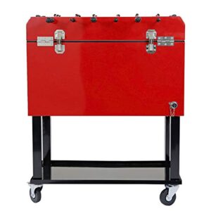 68 Quart Qt Red Patio Cooler Ice Chest with Foosball Table Top, Portable Patio Party Bar Cold Drink Rolling Cart on Wheels with Tray Shelf,17 Gallon/ 65L Outdoor Rolling Beverage Cart