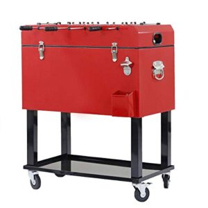 68 Quart Qt Red Patio Cooler Ice Chest with Foosball Table Top, Portable Patio Party Bar Cold Drink Rolling Cart on Wheels with Tray Shelf,17 Gallon/ 65L Outdoor Rolling Beverage Cart