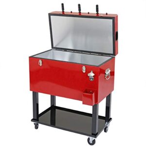 68 Quart Qt Red Patio Cooler Ice Chest with Foosball Table Top, Portable Patio Party Bar Cold Drink Rolling Cart on Wheels with Tray Shelf,17 Gallon/ 65L Outdoor Rolling Beverage Cart