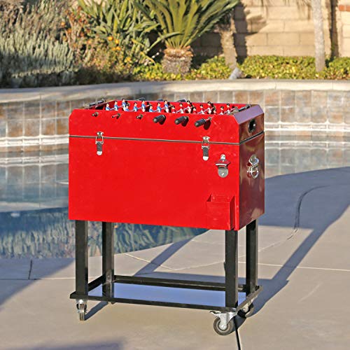 68 Quart Qt Red Patio Cooler Ice Chest with Foosball Table Top, Portable Patio Party Bar Cold Drink Rolling Cart on Wheels with Tray Shelf,17 Gallon/ 65L Outdoor Rolling Beverage Cart