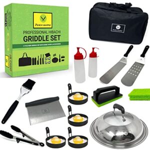 jordigamo griddle accessories kit, flat top grill accessories set for blackstone & camp chef, hibachi/bbq tools, melting dome, 2 spatula set, 4 egg rings, dough scrubber, cleaning kit & more (17 pcs)