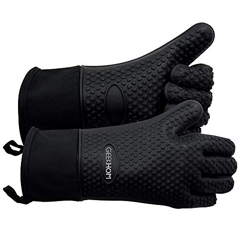 GEEKHOM BBQ Gloves, Grilling Gloves Heat Resistant Oven Gloves, Kitchen Silicone Oven Mitts, Long Waterproof Non-Slip Pot Holder for Barbecue, Cooking, Baking (Black)