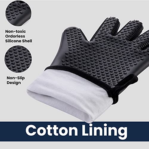 GEEKHOM BBQ Gloves, Grilling Gloves Heat Resistant Oven Gloves, Kitchen Silicone Oven Mitts, Long Waterproof Non-Slip Pot Holder for Barbecue, Cooking, Baking (Black)