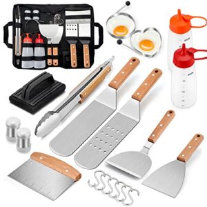 joyfair griddle accessories set for camp teppanyaki, 20 pcs stainless steel griddle grilling tools metal spatulas, scrapers, tong, egg ring, brush, black carry bag for indoor & outdoor use