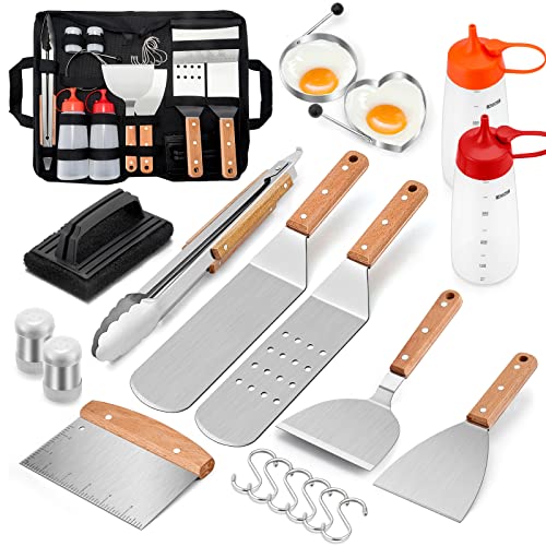 Joyfair Griddle Accessories Set for Camp Teppanyaki, 20 PCS Stainless Steel Griddle Grilling Tools Metal Spatulas, Scrapers, Tong, Egg Ring, Brush, Black Carry Bag for Indoor & Outdoor Use