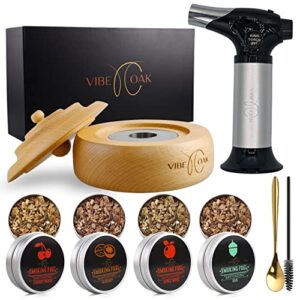 vibeoak cocktail smoker kit with torch 4 flavors wood chips bourbon – cocktail smoker drink whiskey gift for a friend – easy to use drink smoker old fashioned cocktail kit (without butane) (black)