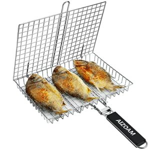 AIZOAM Grill Basket Stainless Steel BBQ Grilling Basket Large Folding Grill Basket with Removable Handle. Grill Basket for Fish,Vegetables Great Useful BBQ Accessories Grilling Gifts for Men Dad