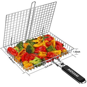 AIZOAM Grill Basket Stainless Steel BBQ Grilling Basket Large Folding Grill Basket with Removable Handle. Grill Basket for Fish,Vegetables Great Useful BBQ Accessories Grilling Gifts for Men Dad