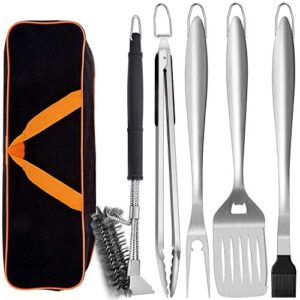 leonyo grill tools set of 6, 18-inch extra-long bbq tool set, heavy-duty barbecue grilling accessories, stainless steel spatula, fork, tong, basting brush, cleaning brush & carrying bag – black handle