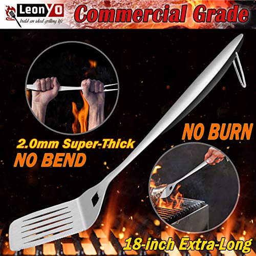 Leonyo Grill Tools Set of 6, 18-inch Extra-long BBQ Tool Set, Heavy-duty Barbecue Grilling Accessories, Stainless Steel Spatula, Fork, Tong, Basting Brush, Cleaning Brush & Carrying Bag - Black Handle