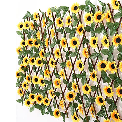 GWOKWAI Artificial Plant Expandable Fence, Expanding Trellis Privacy Fence Screen Artificial Sunflower/Rose Retractable Fence for Outdoor Garden Decor Balcony Backdrop Wall