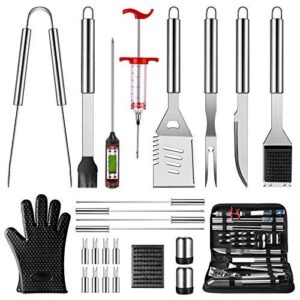 【what are grill essentials?】 grill accessories, bbq tools set, 25pcs stainless steel grilling kit for smoker, camping, kitchen, barbecue utensil gifts for men women with thermometer and meat injector