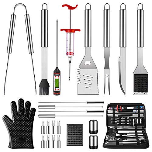 【What are Grill Essentials?】 Grill Accessories, BBQ Tools Set, 25PCS Stainless Steel Grilling Kit for Smoker, Camping, Kitchen, Barbecue Utensil Gifts for Men Women with Thermometer and Meat Injector