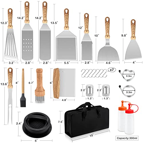 Joyfair Griddle Accessories Kit, 26Pcs Flat Top Grill Tools Set for Outdoor Camping BBQ, Include Professional Stainless Steel Burger Turner, Fish Spatulas, Scraper, Meat Tenderizer, Carrying Bag