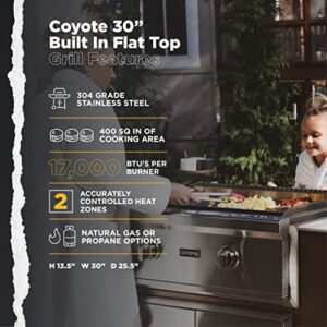 Coyote 30-in. Flat Top Grill, Built In 2-Burner Propane Gas Grill, 17,000 BTUs - C1FTG30LP