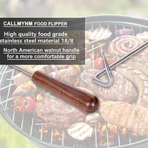 Callmynm 17.5 Inch Pigtail Food Flipper & Turner for Grill, 304 Stainless Steel Pigtail Meat Hook with Wooden Handle for Grilling & Smoking (Black Walnut)