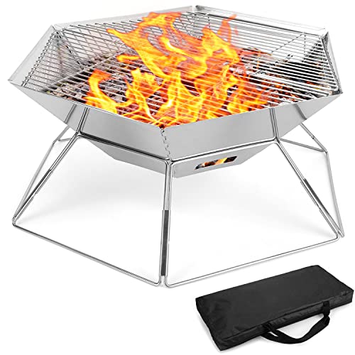 Odoland Collapsible Campfire Grill Camping Fire Pit, 304 Stainless Steel Grill Gate, Heavy Duty Portable Camping Grill Stove with Carrying Bag for Backpacking Hiking Picnic BBQ, Hexagon