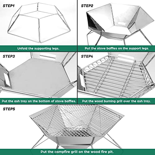 Odoland Collapsible Campfire Grill Camping Fire Pit, 304 Stainless Steel Grill Gate, Heavy Duty Portable Camping Grill Stove with Carrying Bag for Backpacking Hiking Picnic BBQ, Hexagon