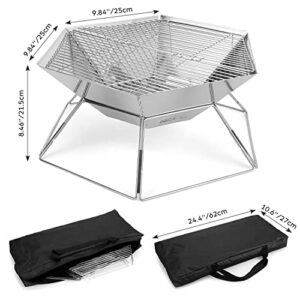 Odoland Collapsible Campfire Grill Camping Fire Pit, 304 Stainless Steel Grill Gate, Heavy Duty Portable Camping Grill Stove with Carrying Bag for Backpacking Hiking Picnic BBQ, Hexagon