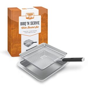 yukon glory bbq ‘n serve wide basket set – bbq grill basket – the grilling basket includes a serving tray & clip-on handle – perfect grill baskets for outdoor grill vegetables or fish basket & meat