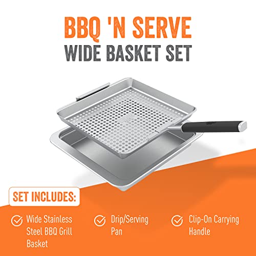 Yukon Glory BBQ 'N SERVE Wide Basket Set - BBQ Grill Basket - The Grilling Basket Includes a Serving Tray & Clip-On Handle - Perfect Grill Baskets for Outdoor Grill Vegetables or Fish Basket & Meat