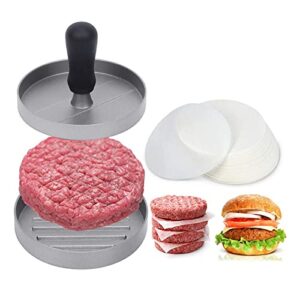 yierouzi non-stick burger press with 100pcs patty papers, hamburger patty maker mold, hamburger press patty, burger mold rings easy release round for meat, beef, veggie burger, bbq (aluminum)