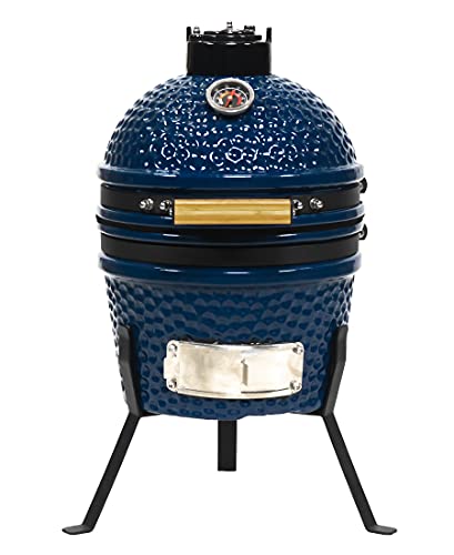 VESSILS Kamado Charcoal BBQ Grill – Heavy Duty Ceramic Barbecue Smoker and Roaster with Built-in Thermometer and Stainless Steel Grate (13 Inch Stand, Blue)