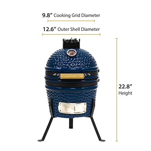 VESSILS Kamado Charcoal BBQ Grill – Heavy Duty Ceramic Barbecue Smoker and Roaster with Built-in Thermometer and Stainless Steel Grate (13 Inch Stand, Blue)