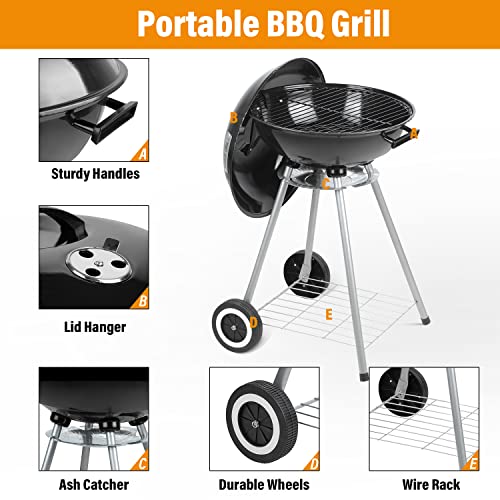 Wonlink Portable Charcoal Grill, 18.5 Inch Camping BBQ Grill with Wheels for Outdoor Cooking Picnic Barbecue