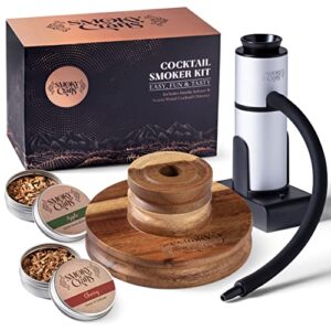 smoky crafts acacia whiskey smoker kit with smoke gun for cocktails and wood chips (apple & cherry) – cocktail smoker kit – drink smoker infuser kit (torch not required)