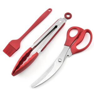 Korean Barbecue Scissors Clip and BBQ Tongs Set for Cooking 3PCS Multifunctional Korean BBQ Tool Set Ultra Sharp Kitchen Shears Silicone BBQ Pastry Oil Brush(Red)