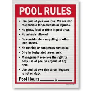 smartsign 24 x 18 inch “pool rules – use pool at your own risk, no glass, pool hours” write-on sign, digitally printed, 160 mil corrugated plastic, red, black and white