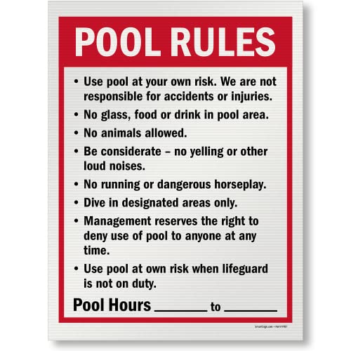 SmartSign 24 x 18 inch “Pool Rules - Use Pool At Your Own Risk, No Glass, Pool Hours” Write-On Sign, Digitally Printed, 160 mil Corrugated Plastic, Red, Black and White