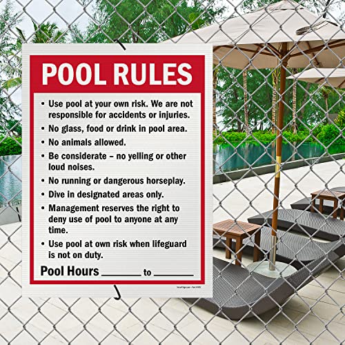 SmartSign 24 x 18 inch “Pool Rules - Use Pool At Your Own Risk, No Glass, Pool Hours” Write-On Sign, Digitally Printed, 160 mil Corrugated Plastic, Red, Black and White