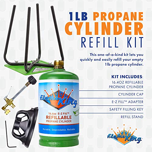 Flame King Refillable 1 lb Empty Propane Cylinder Tank - with Refill Kit and CGA600 Connection - Reusable - Safe and Legal Refill Option - DOT Compliant - 16.4 oz, Green