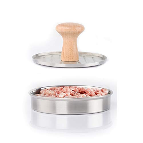 5.24" Burger Press Stuffed Hamburger Patty Maker Mold Stainless Steel Non-Stick Meat Presser Essential Grilling Accessories for Meat Sliders and Regular Beef Burger with Wooden Handle for BBQ Grill