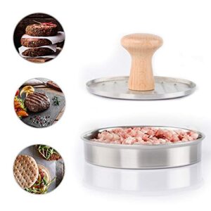 5.24" Burger Press Stuffed Hamburger Patty Maker Mold Stainless Steel Non-Stick Meat Presser Essential Grilling Accessories for Meat Sliders and Regular Beef Burger with Wooden Handle for BBQ Grill