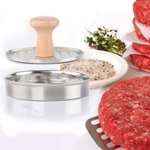 5.24" Burger Press Stuffed Hamburger Patty Maker Mold Stainless Steel Non-Stick Meat Presser Essential Grilling Accessories for Meat Sliders and Regular Beef Burger with Wooden Handle for BBQ Grill