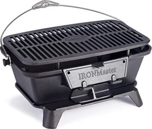 ironmaster ci-2020,pre-seasoned large cast iron charcoal grill,outdoor camping barbecue cooking,bbq grill 2 height adjustment,temperature control & charcoal supply ports,6+servings
