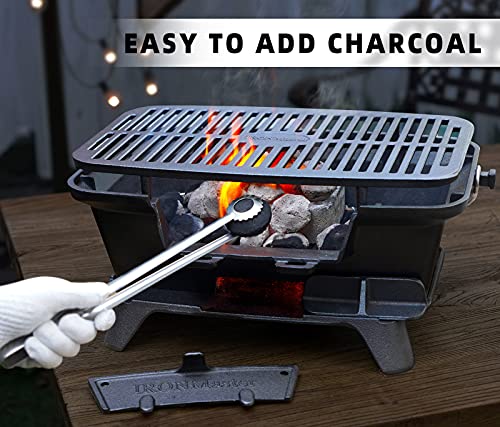 IronMaster CI-2020,Pre-Seasoned Large Cast Iron Charcoal Grill,Outdoor Camping Barbecue Cooking,BBQ Grill 2 Height Adjustment,Temperature Control & Charcoal Supply Ports,6+Servings