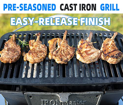 IronMaster CI-2020,Pre-Seasoned Large Cast Iron Charcoal Grill,Outdoor Camping Barbecue Cooking,BBQ Grill 2 Height Adjustment,Temperature Control & Charcoal Supply Ports,6+Servings