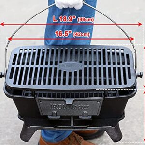 IronMaster CI-2020,Pre-Seasoned Large Cast Iron Charcoal Grill,Outdoor Camping Barbecue Cooking,BBQ Grill 2 Height Adjustment,Temperature Control & Charcoal Supply Ports,6+Servings