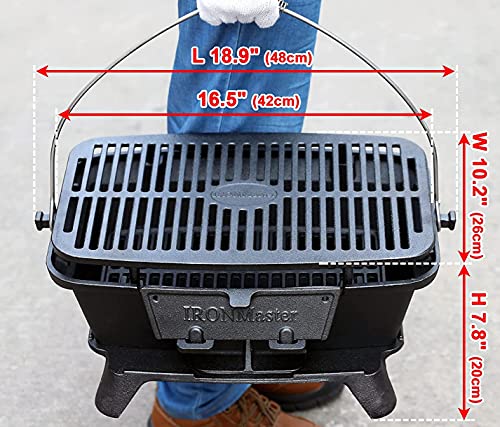 IronMaster CI-2020,Pre-Seasoned Large Cast Iron Charcoal Grill,Outdoor Camping Barbecue Cooking,BBQ Grill 2 Height Adjustment,Temperature Control & Charcoal Supply Ports,6+Servings