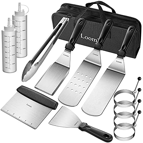 Loomla Griddle Accessories for Blackstone,13 Pc Flat Top Grill Accessories with Scraper, Spatulas, Tongs, 2 Bottles, 4 Egg Rings, Griddle Spatulas Set, Stainless Steel BBQ Accessories for Camping