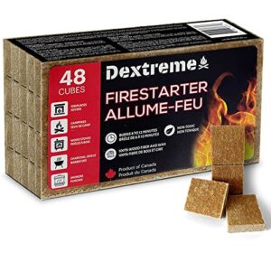 dextreme fire starter pack of 144/48 natural fire starters cubes for wood stoves, campfires, bbq, grill pit, fireplace, charcoal, smokers and camping – easy to ignite and non toxic… (48 squares)