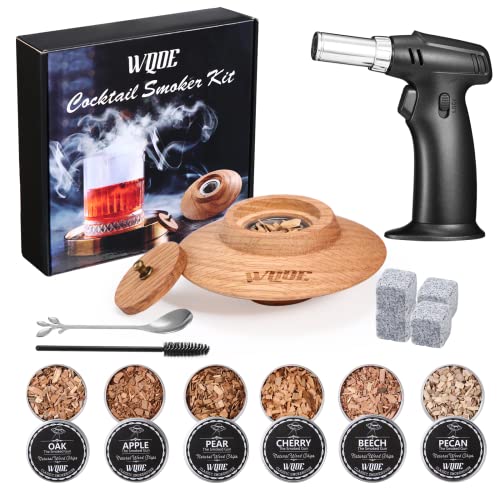 WQOE Cocktail Smoker Kit with Torch – 6 Flavors Wood Chips, Old Fashioned Smoker Kit for Infuser Whiskey, Cocktail, Bourbon, Whiskey Gifts for Men, Dad, Husband（No Butane）